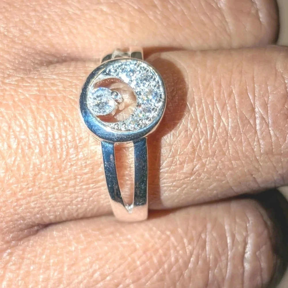 Luxury High Quality Unisex 925 Sterling Silver Crystal Crescent Moon Ring sz 8